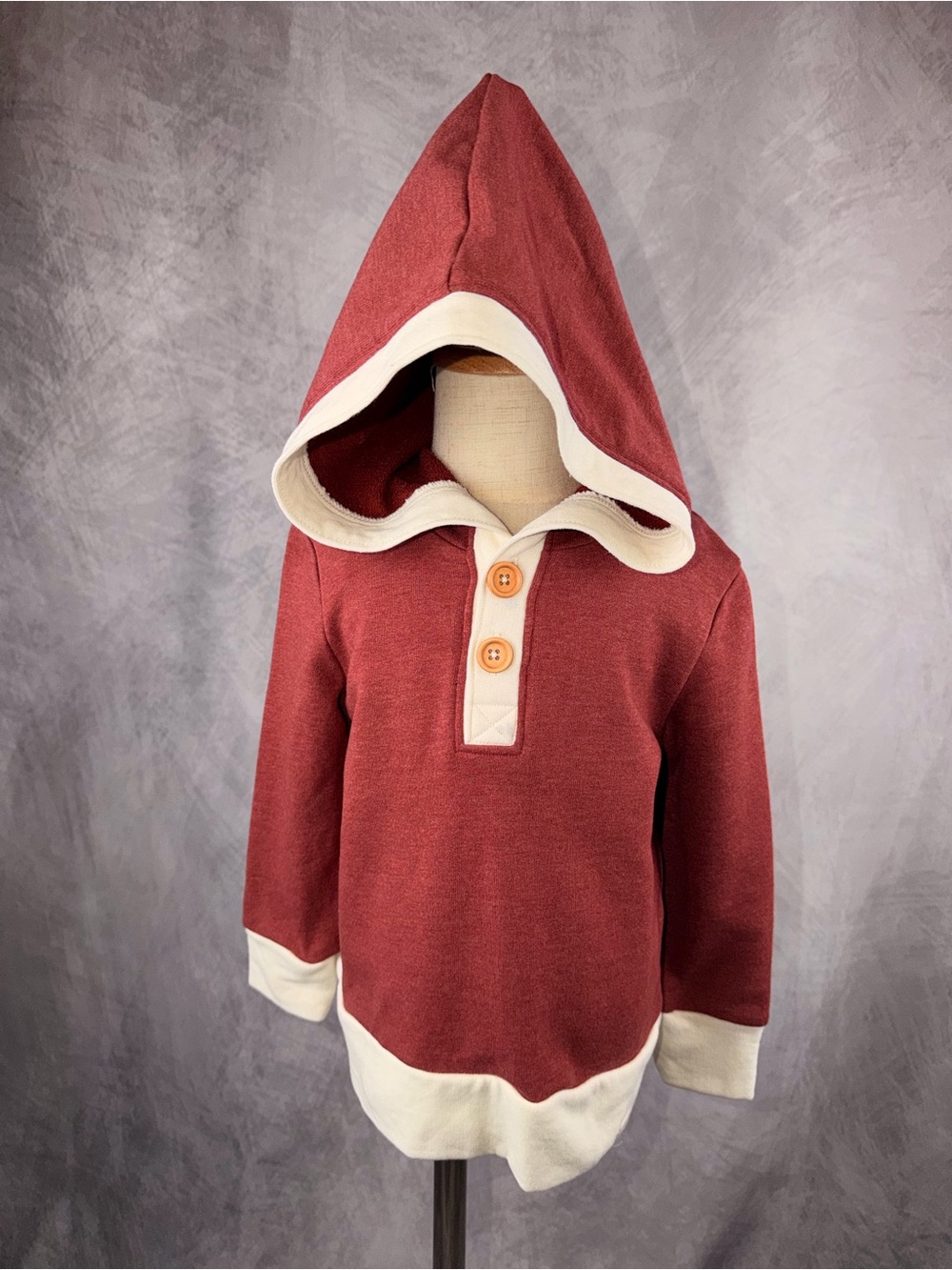 Kids Hooded Button-Placket Pullover - Rust with Cream Trim by Little Road co.